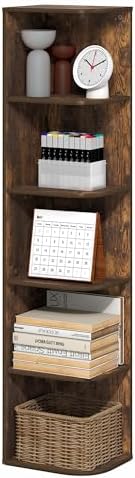 Furinno PASIR Book Shelf, 5-Tier Corner Bookshelf with Open Shelf, Standing Bookcase, 9.3 x 12 x 51.7, for Organization and Storage, for Living Room, Bedroom, Home Office, Amber Pine by Furinno-FitsYourSpaceFitsYourBudget