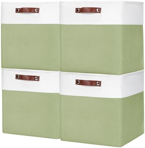 Bagnizer 13x13 Cube Storage Bins, Collapsible Fabric Storage Box, 4 Pack Closet Baskets with Handles for Organizing, Shelf, Toys, Clothes, Home, Office, Nursery (Green&White) by Bagnizer