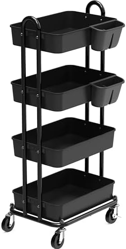 Simple Houseware 4-Tier Rolling Utility Cart with Hanging Bucket, Black by SimpleHouseware