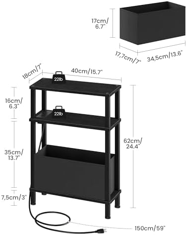 CHOEZON Small Narrow Side Table with Charging Station, Skinny End Table with Fabric Basket, Slim Nightstand for Small Spaces, Sofa Side Table, for Living Room, Bedroom, Black TBZ07UBB - Image 3