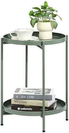 2-Tier Round End Side Table, Small Metal Side Table with Removable Tray, Folding Accent Tables for Living Room, Balcony, Nightstand for Bedroom, Outdoor Tables for Patio, Sage Green by MordchilHF