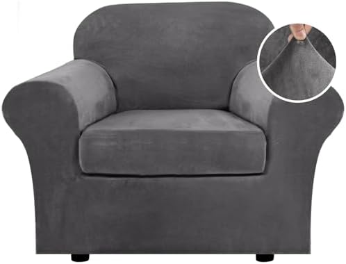H.VERSAILTEX Rich Velvet Stretch 2 Piece Cover Chair Slipcover Sofa Cover Furniture Protector Couch Soft with Elastic Bottom Chair Couch Cover with Arms Width Up to 49 Inch(Chair,Grey) by HVERSAILTEX