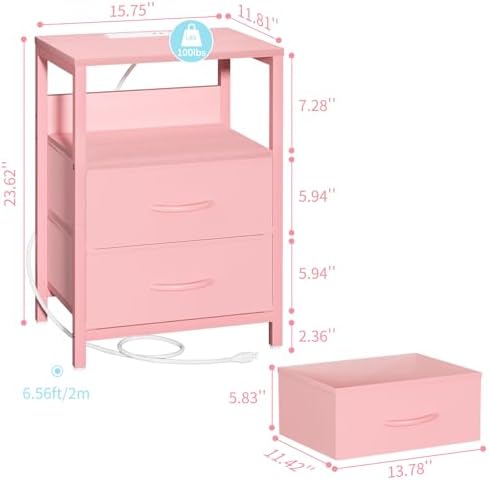 Yoobure Nightstand with Charging Station, Small Night Stand with Fabric Drawers and Storage Shelf for Bedrooms, Nightstands for Small Spaces, Bedside Table with USB Ports & Outlets Bed Side Table - Image 3