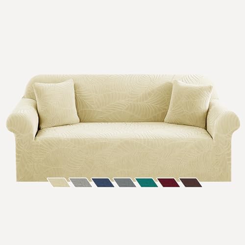 YEMYHOM Couch Cover Latest Jacquard Design High Stretch Sofa Covers for 3 Cushion Couch, Pet Dog Cat Proof Slipcover Non Slip Magic Elastic Furniture Protector (Large, Begonia Leaf Beige) by YEMYHOM