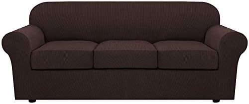 H.VERSAILTEX 4 Piece Stretch Sofa Covers for 3 Cushion Couch Covers for Living Room Furniture Slipcovers (Base Cover Plus 3 Seat Cushion Covers) Upgraded Thicker Jacquard Fabric (Sofa, Chocolate) by HVERSAILTEX