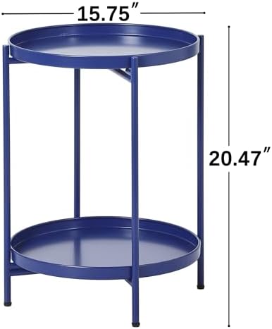 2-Tier Round End Side Table, Small Metal Side Table with Removable Tray, Folding Accent Tables for Living Room, Balcony, Nightstand for Bedroom, Outdoor Tables for Patio, Navy Blue - Image 3