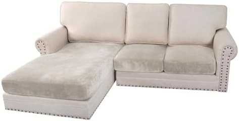 H.VERSAILTEX Velvet Stretch 3-Piece L Shape Sectional Couch Covers (Large 2 Seater + 1 Chaise, Oatmeal) by HVERSAILTEX