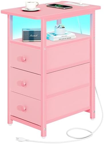 Yoobure End Table with Charging Station, Pink Narrow Nightstand LED Bedside Table, Small Night Stand End Tables Living Room, Skinny Nightstand with 3 Fabric Drawers, Side Table for Small Spaces by Yoobure