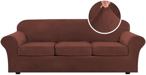 H.VERSAILTEX High Stretch Sofa Slipcover 4 Piece Cover Velvet Furniture Protector Form Fit Thick Velvet Extra Large Sofa Cover for 3 Cushion Couch Width Up to 97 Inch (Large Sofa, Burnt Brick) by HVERSAILTEX