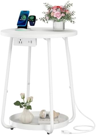 sthmec Small Round Side End Table with Storage and Charging Station, 2 Tier Round Bedside Sofa Couch Coffee Tables with Tray, Metal Nightstand for Small Spaces, Living Room Bedroom, White by Unknown