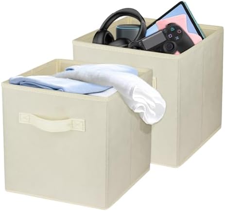 2 Pcs Storage Cubes, 10.5 Inch Collapsible Storage Bins, Fabric Foldable Bins for Organization, Durable Storage Bins for Closet, Shelves, Offices (Beige) by Zuihug