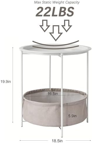 VECELO Round Side/End Table with Fabric Storage Basket，Metal Anti-Rust and Waterproof Small Bedside Nightstand with Removable Tray Top for Living Room，Balcony & Laundry，Beige/2pcs with Basket - Image 3