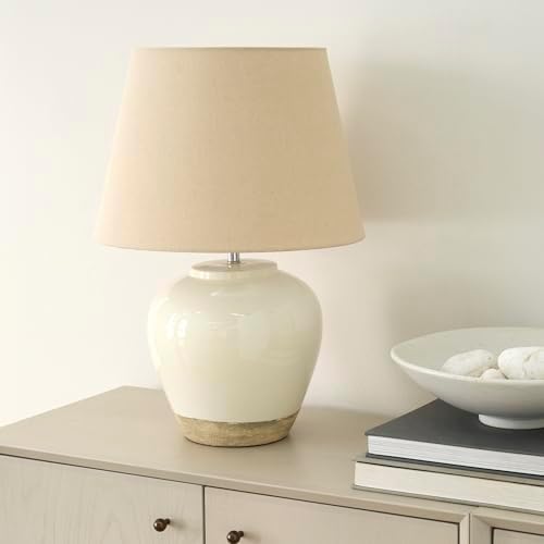 Nourison Home 20" Two-Tone White and Tan Glossy Ceramic Table Lamp, Bedside Nightstand Lamp with Warm Beige Shade for Bedroom, Living Room, Entryway by NourisonHome