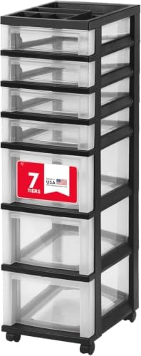 IRIS USA Plastic Drawer Storage Organizer Rolling Cart, with Wheels Casters, 7-Drawers, for Classroom Art Craft Supplies Dresser Closet Bathroom Laundry Room, Black/Clear by IRISUSA