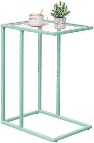 Easy Paws C Shaped Table,Glass Side End Table for Sofa,Tempered Glass Snack Couch Dinner Tv Tray Table with Metal Frame,Small Bedside Nightstand Table for Small Space(Green) by Easy+Paws