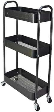 3 Tier Slim Metal Rolling Storage Cart for Laundry Room & Kitchen Organizer, 7.1'' Thin Standing Shelf for Narrow Spaces, Skinny Utility Cart with Wheels & Casters for Bathroom, Black by LIWNYRK