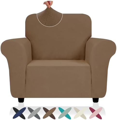 ZNSAYOTX Chair Cover with Arms (30"-47"), New Striped Sofa Chair Covers for Living Room, Dogs Pet Friendly Anti-Slip Chair Protector Spandex Armchair Slipcovers (Light Coffee, Chair) by ZNSAYOTX