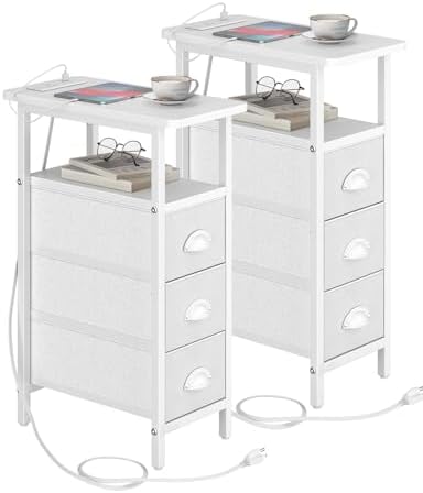 shtmec Narrow End Table Set of 2 with Charging Station, Side Tables Set 2 with Fabric Drawers, Small Bedside Tables Nightstands for Small Space, Slim Sofa Couch Table for Livingroom, White by Unknown