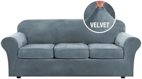 H.VERSAILTEX Modern Velvet Plush 4 Piece High Stretch Sofa Slipcover Sofa Cover Furniture Protector Form Fit Luxury Thick Velvet Sofa Cover for 3 Cushion Couch Width Up to 90 Inch (Sofa,Stone Blue) by HVERSAILTEX