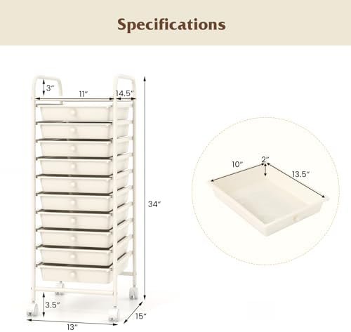 10-Drawer Rolling Storage Cart, Trolley w/Lockable 360° Wheels, 10 Removable PP Drawers, Sturdy Metal Frame, Rolling Utility Cart Perfect for Home, Office, Classroom (Ivory) - Image 3