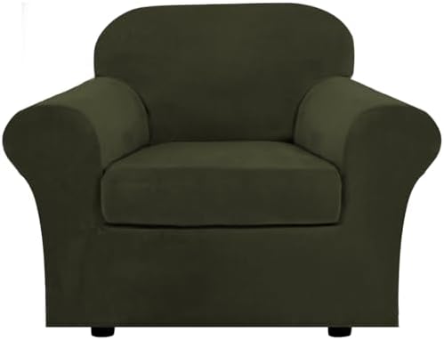 H.VERSAILTEX Rich Velvet Stretch 2 Piece Cover Chair Slipcover Sofa Cover Furniture Protector Couch Soft with Elastic Bottom Chair Couch Cover Width Up to 49 Inch (Chair, Olive) by HVERSAILTEX