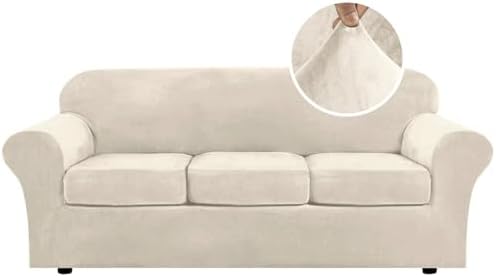 H.VERSAILTEX Modern Velvet Plush 4 Piece High Stretch Sofa Slipcover Furniture Protector Form Fit Luxury Thick Sofa Cover for 3 Cushion Couch, Machine Washable Width Up to 90 Inch(Sofa,Ivory) by HVERSAILTEX