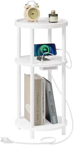 HOOBRO Small Round Side Table with Charging Station, 3-Tier Round Bamboo End Table, Compact Sofa Bedside Table for Small Space, Easy Assembly, for Living Room, Bedroom, Apartment, White WT152UBZ01 by HOOBRO
