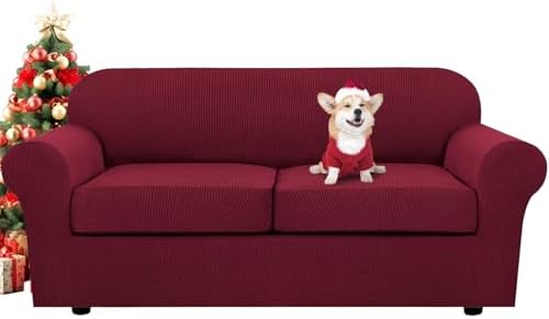 H.VERSAILTEX 3 Piece Stretch Sofa Covers for 2 Cushion Sofa Couch Covers for Living Room Furniture Cover (Base Cover Plus 2 Seat Cushion Covers) Thicker Jacquard Fabric(Large Sofa, Burgundy) by HVERSAILTEX