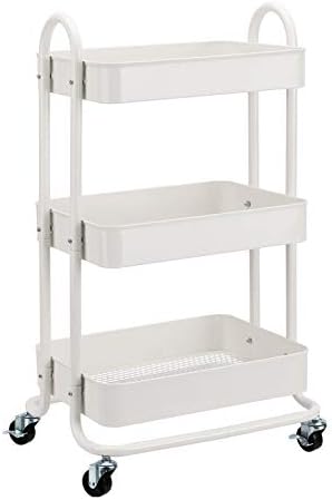 Amazon Basics 3-Tier Rolling Utility Cart, Storage Organizer, Lockable Wheels, Multifunctional Storage, Portable Mobile Shelving Unit, White by AmazonBasics