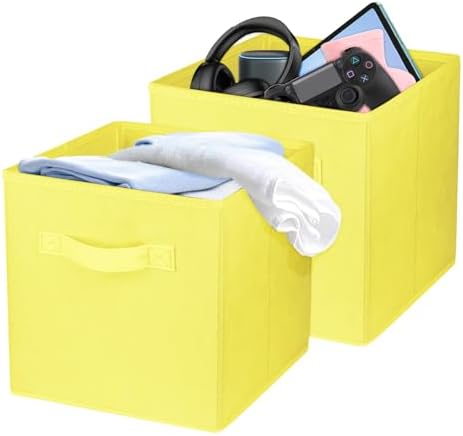 2 Pcs Storage Cubes, 10.5 Inch Collapsible Storage Bins, Fabric Foldable Bins for Organization, Durable Storage Bins for Closet, Shelves, Offices (Yellow) by Zuihug