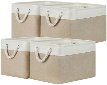Temary Fabric Storage Baskets 4Pack Storage Bins Decorative Basket for Gift, Clothes Bin with Rope Handle, Rectangle Baskets for Storage, Blankets(White&Khaki,15x11x9.5 inch) by TEMARY