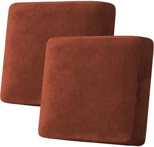 H.VERSAILTEX Velvet Stretch Couch Cushion Cover Plush Cushion Slipcover for Chair Loveseat Sofa Cushion Furniture Protector Seat Cushion Sofa Cover (2 Piece Large Sofa Cushion Covers, Rust) by HVERSAILTEX