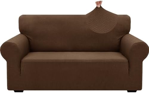 ZNSAYOTX 1 Piece Jacquard Couch Covers for 2 Cushion Couch High Stretch Loveseat Slipcover for Pets Dogs Anti Slip Love Seat Sofa Slipcover Furniture Protector (Medium, New Pattern Coffee) by ZNSAYOTX