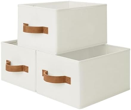 StorageWorks Closet Storage Bins with PU Handles, Ivory White, Small by StorageWorks