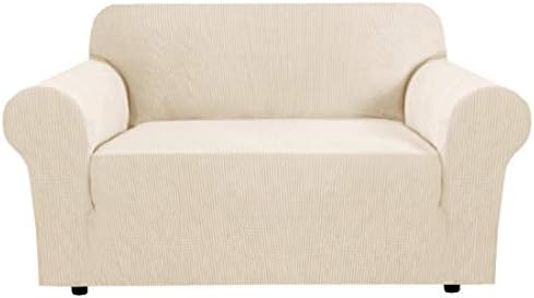 H.VERSAILTEX Stretch Couch Cover Loveseat Covers for 2 Cushion Couch Sofa Cover for Love seat 1 Piece with Elastic Bottom, Textured Checked Jacquard Fabric(Loveseat 58"-70" Wide, Natural) by HVERSAILTEX