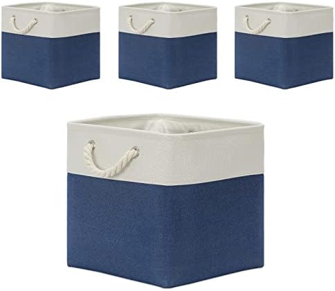 Temary Storage Baskets for Shelves 13x13 Baskets for Gifts Empty, 4 Pack Shelf Baskets Large Storage Baskets Cube Storage Bins Fabric Storage Cubes with Handles for Shelves (White&Blue) by TEMARY