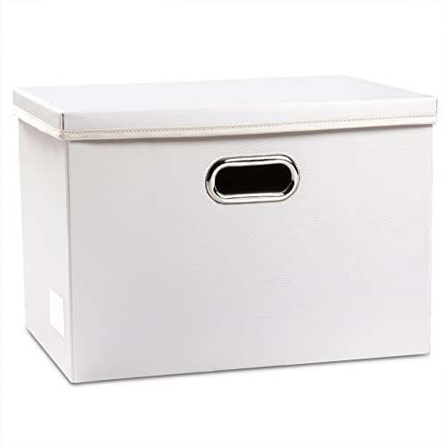 PRANDOM Large Collapsible Storage Box with Lid [1-Pack] Leather Fabric Foldable Storage Bin Organizer Container Basket Cube with Cover for Home Bedroom Closet Office Nursery White (17.7x11.8x11.8) by Prandom