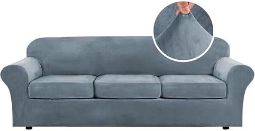 H.VERSAILTEX High Stretch Sofa Slipcover 4 Piece Cover Velvet Furniture Protector Form Fit Thick Velvet Extra Large Sofa Cover for 3 Cushion Couch Width Up to 97 Inch (Large Sofa, Stone Blue) by HVERSAILTEX