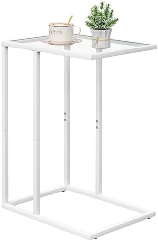 Easy Paws Small C Shaped Table for Sofa,Glass Couch Sofa Tray Snack Table for Living Room, Bedroom,TV Tray Table for Small Space,Accent Coffee Table,Nightstand with Metal Frame(White) by Easy+Paws