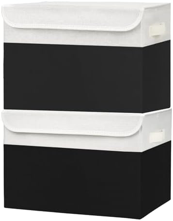 Bagnizer Large 42 Quarts Fabric Storage Bins with Lids [2-Pack] Linen Collapsible Foldable Baskets, Closet Organizer Containers boxes with Handles for Home Office (16.7 x 12 x 12, Black & White) by Bagnizer
