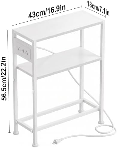 Small Narrow Side Table with Charging Station, Skinny End Table for Small Spaces, Slim Nightstand with Outlets, Sofa Bedside Table in Living Room, Bedroom, Study, Kitchen and Balcony, White - Image 3