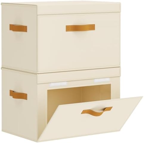 Homsorout Large Storage Bins with Lids - Front Opening Fabric Storage Bins, Flap Closet Organizer with Handles, Collapsible Boxes with Lid, Decorative Basket for Home, Dorm, 2 Pack, Beige by Homsorout