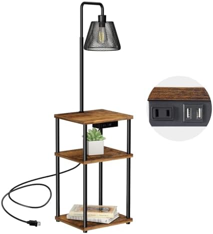 Floor Lamp with Table and Shelves, Side Table with USB Charging Port and Outlet, Modern Bedside Nightstand End Table with Lamp for Living Room, Bedroom, Guest Room, Bulb Included by Pazarfami