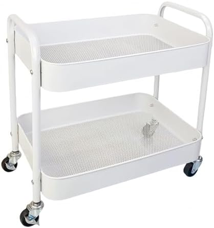 2 Tier Short Rolling Cart with Wheels for Under Desk Storage & Pantry Storage, Large Capacity Metal Kitchen Utility Cart for Small Space, Laundry Room Organizer Side Table with 4 Hooks, White by LIWNYRK