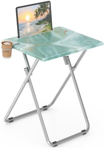 TV Tray Table, Folding Dinner Tray with Cup Holder Portable, Sturdy Foldable Snack Eating Table for Living Room, No Assembly Required, 15 x 18.9 x 25.6 in (Sea Blue Marble) by Fleecy+day