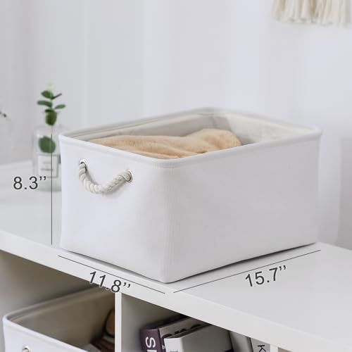 TheWarmHome Storage Basket for Gifts Empty - Large 3 Pack 15.7x11.8x8.2 inch Storage Basket for Organizing with Handles, Canves Storage Bins for Organizer Closet Toy Cubes Gift (White) - Image 5