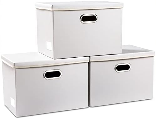 PRANDOM Large Stackable Storage Bins with Lids [3-Pack] Leather Fabric Foldable Storage Boxes Organizer Containers Baskets Cube with Cover for Bedroom Closet Office Nursery White (17.7x11.8x11.8) by Prandom