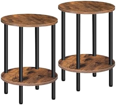 CHOEZON Side Table Set of 2, 2-Tier Round End Table, Small Nightstand with Sturdy Metal Tube, Industrial Coffee Table, for Living Room, Bedroom, Rustic Brown and Black TBZ01P2BF by Choezon