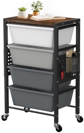 Rolling Cart with 4 Drawers, Plastic Drawer Storage Carts with Wheels & Wooden Tabletop, Metal Utility Cart with Pegboards, Office Living Room Classroom Craft Organization and Storage, Dark Grey by TimeForest