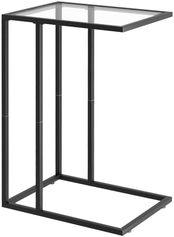 C Shaped End Table,Small Sofa Couch Side Table, Tempered Glass Snack TV Tray Table with Metal Frame for Small Space,Living Room, Bedroom, Bedside,Modern Style, Black, by Adompacat